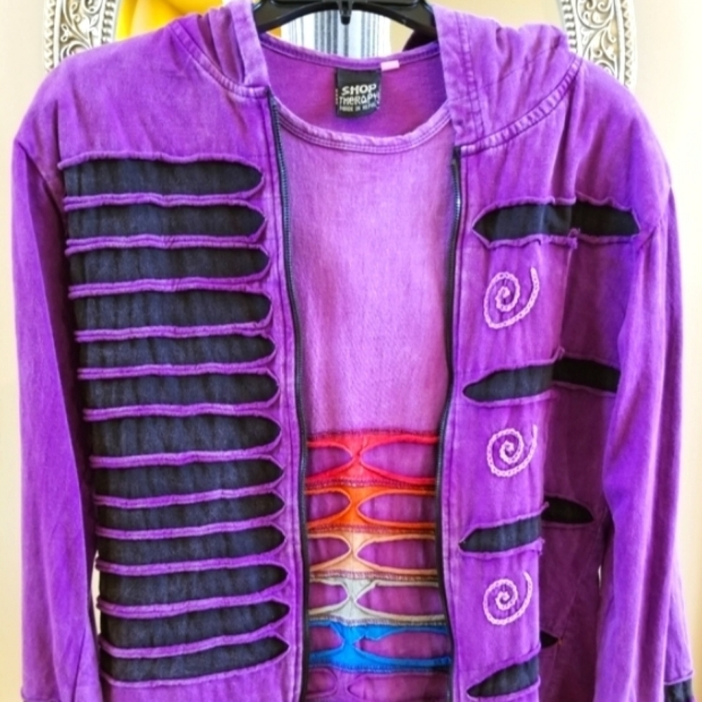Shopping Therapy Purple Hoody Black Stripes & Colorful Short Sleeve Cotton Set - Picture 11 of 12